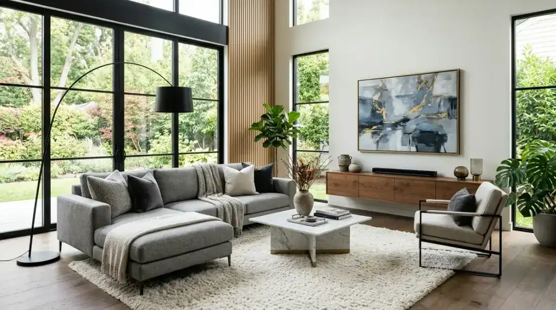 Before and after full room furniture swap: left shows a living room with mixed dated furniture, right shows the same room completely refurnished with cohesive modern Scandinavian furniture set