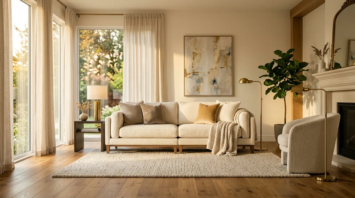 An elegant living room with focus on a sofa being transformed: left half shows a dated fabric couch, right half shows a modern leather sofa in the same position, same room, same lighting