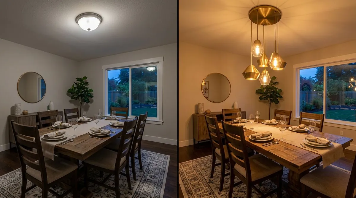 Before and after lighting replacement: left shows a basic ceiling light fixture, right shows the same room with an elegant designer pendant light cluster with warm amber glass shades