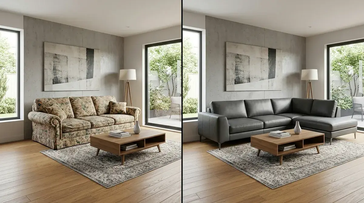 Before and after sofa replacement: left shows a dated floral fabric sofa, right shows the same living room with a sleek modern cognac leather sofa, all other room elements unchanged