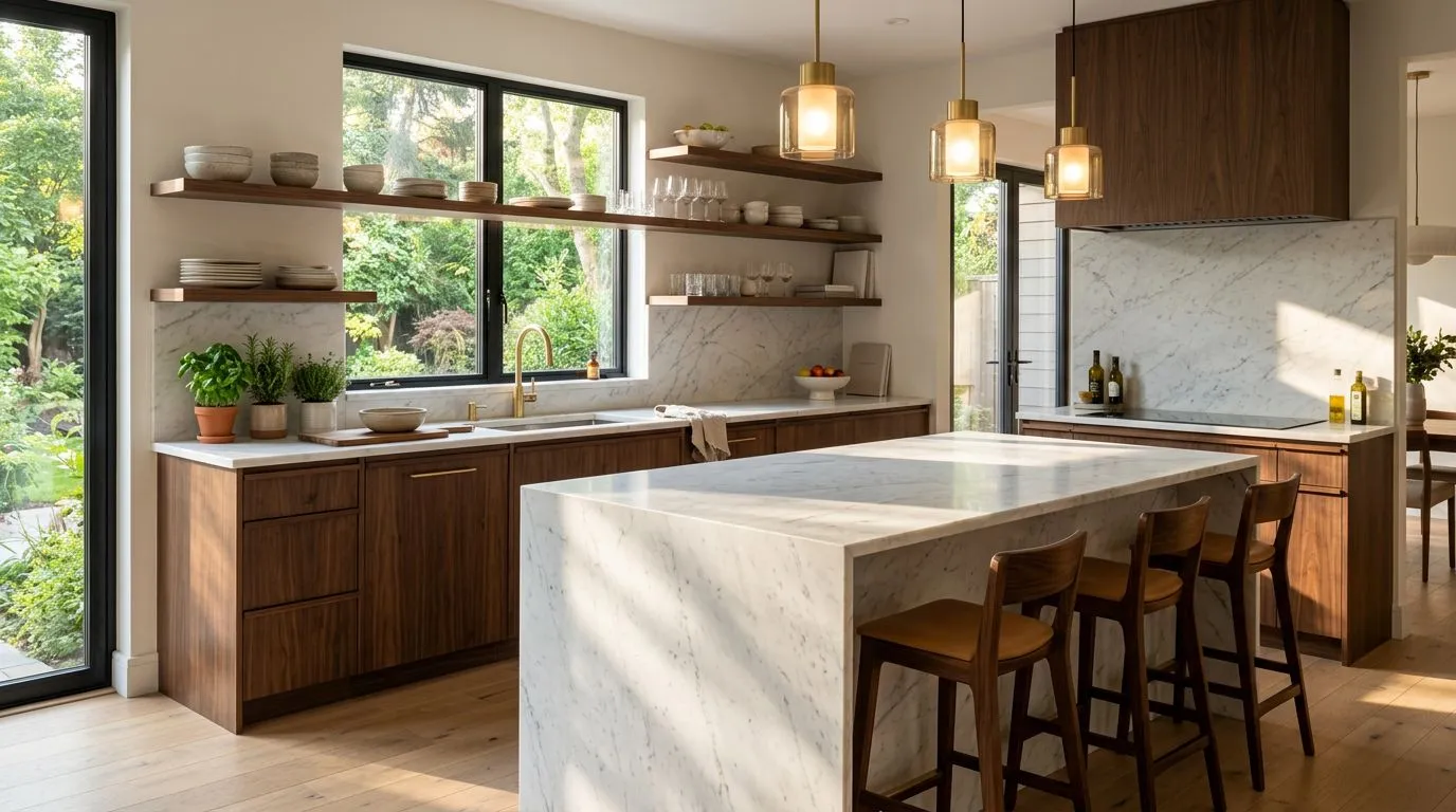 A next-generation kitchen concept designed by AI featuring modular surfaces, adaptive lighting zones, and integrated smart displays