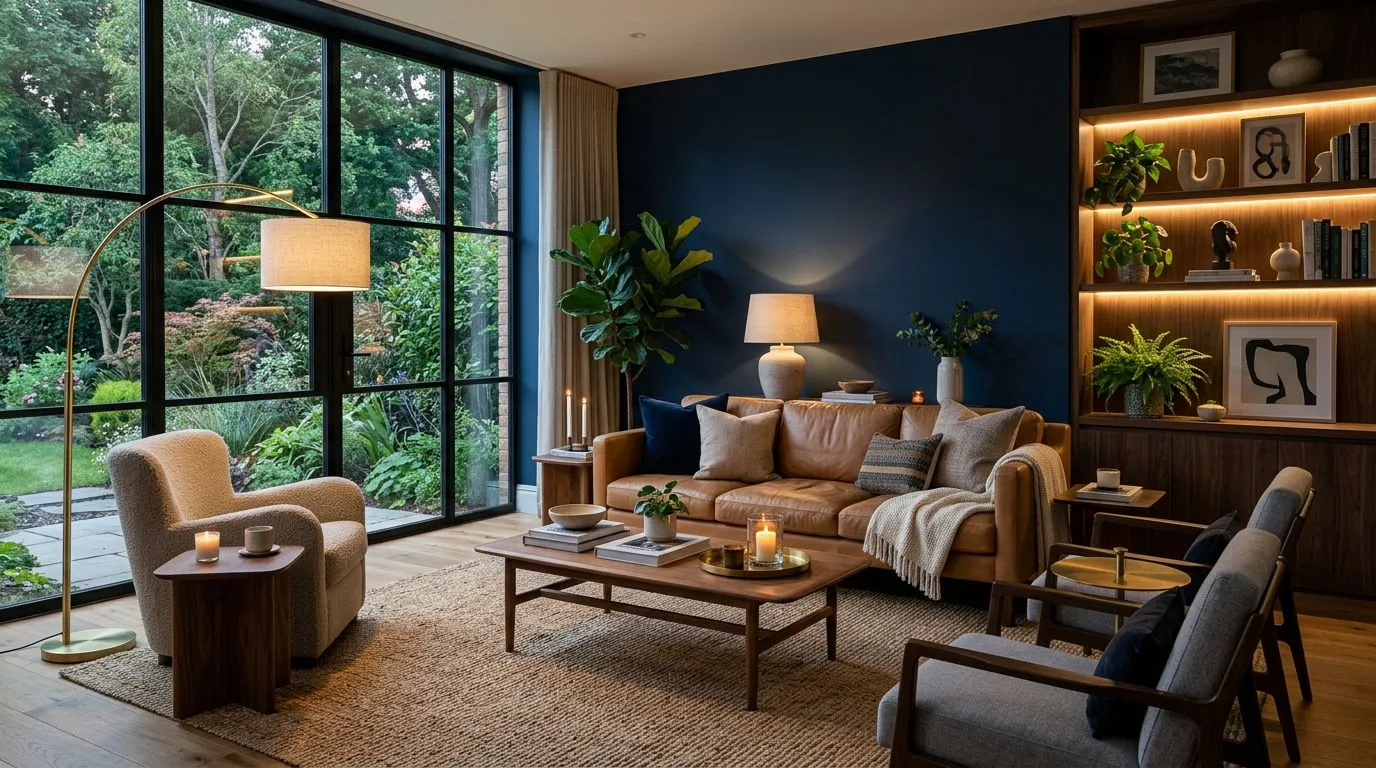 A living room rendered with AI-designed wall finishes, floor materials, and furniture arrangement showing coordinated design elements