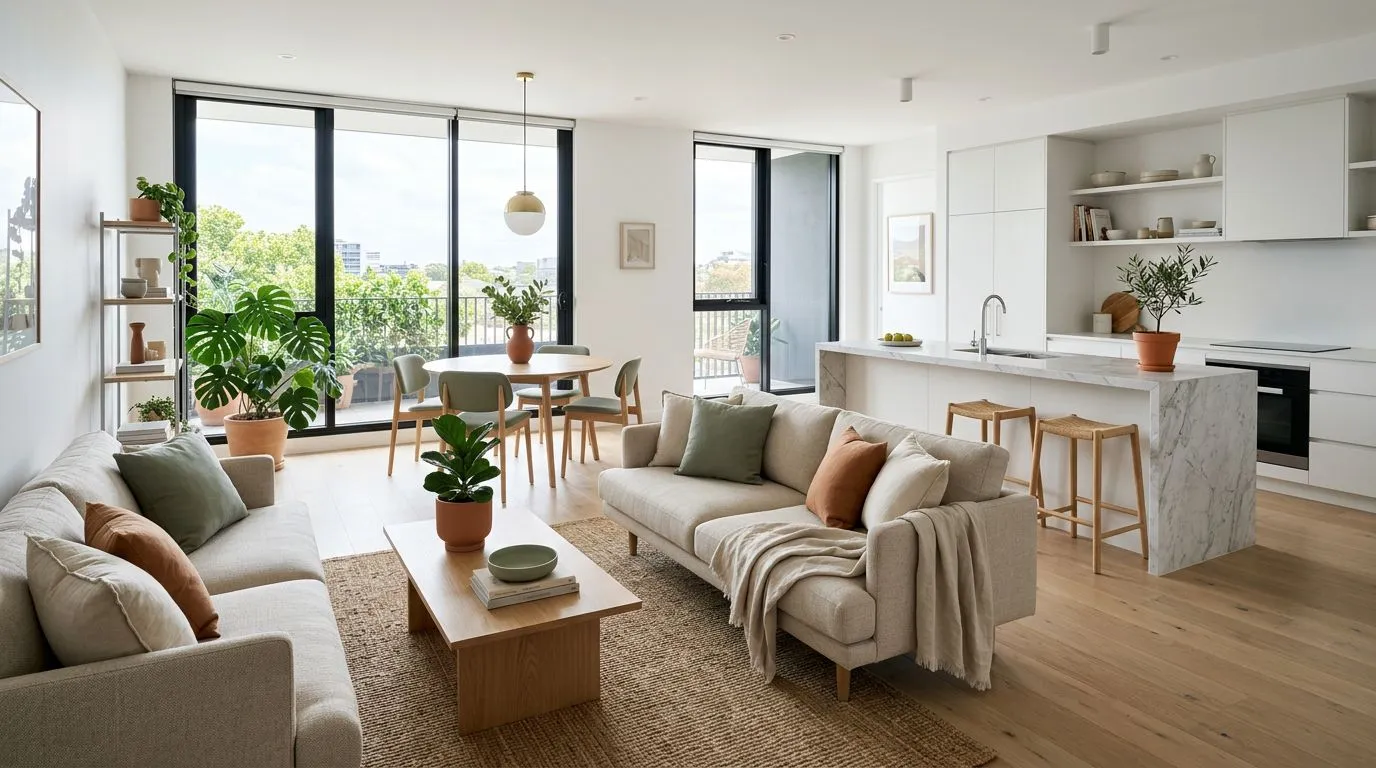 An open-concept apartment floor plan generated by AI, showing optimized room adjacencies and natural light distribution