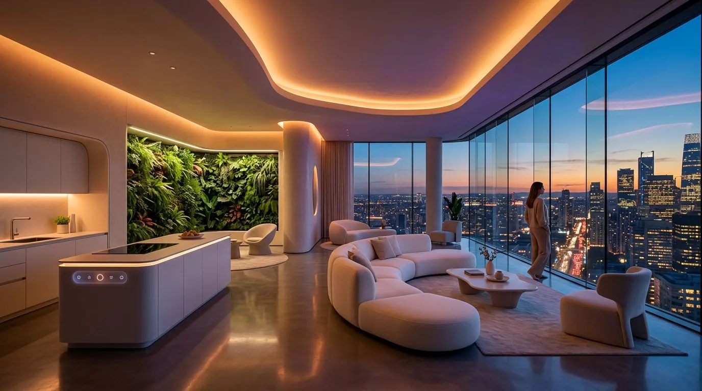 A futuristic smart home interior with AI-controlled lighting, automated window treatments, and integrated environmental sensors