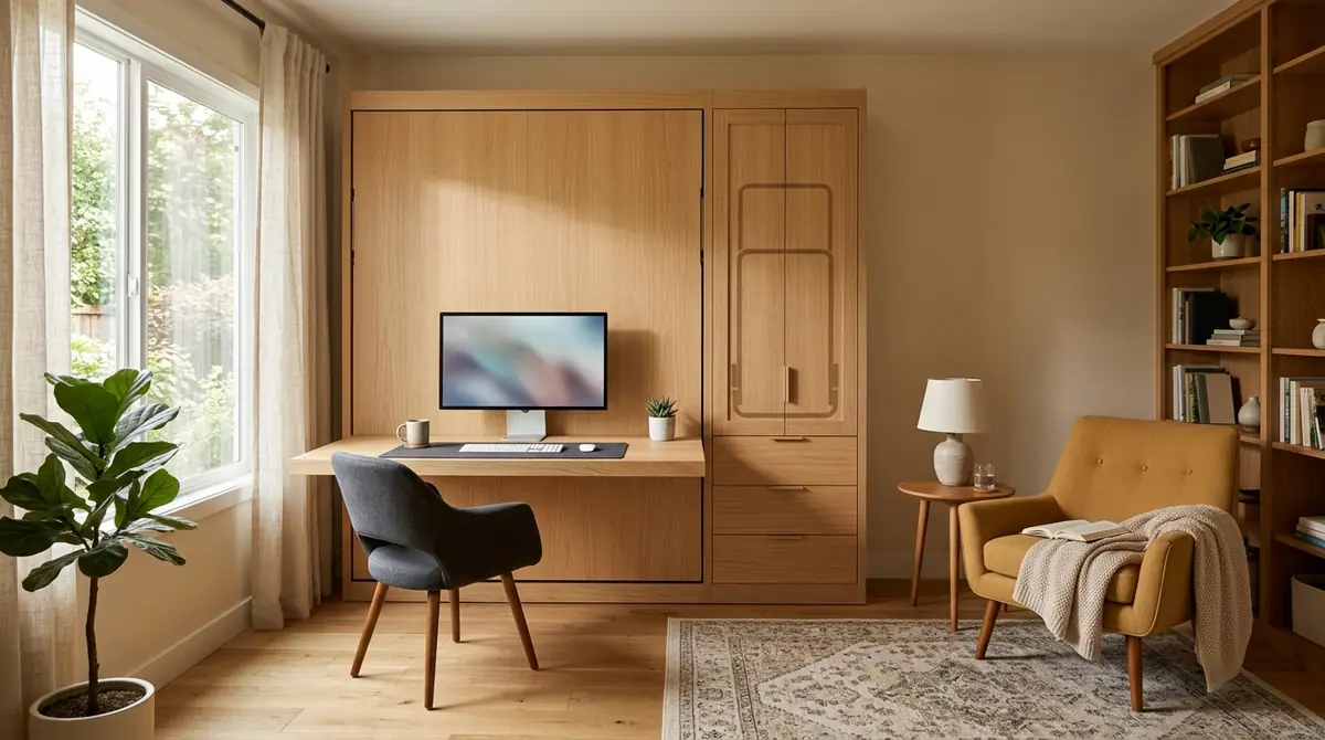 A well-designed dual-purpose room showing a guest bedroom combined with a home office, featuring a Murphy bed folded up to reveal a full desk workspace during the day, with clean modern styling and built-in shelving