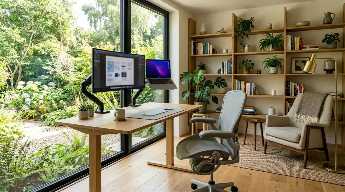 A beautifully designed modern home office with a large window providing natural light, an L-shaped desk with dual monitors, ergonomic chair, built-in shelving, and warm wood accents in a bright, airy room