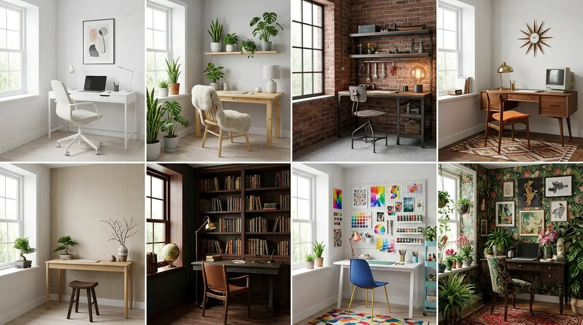 An eight-panel grid showing the same home office room rendered in eight different interior design styles: Modern Clean, Scandinavian, Industrial, Mid-Century Modern, Japandi, Maximalist, Library Academia, and Creative Studio