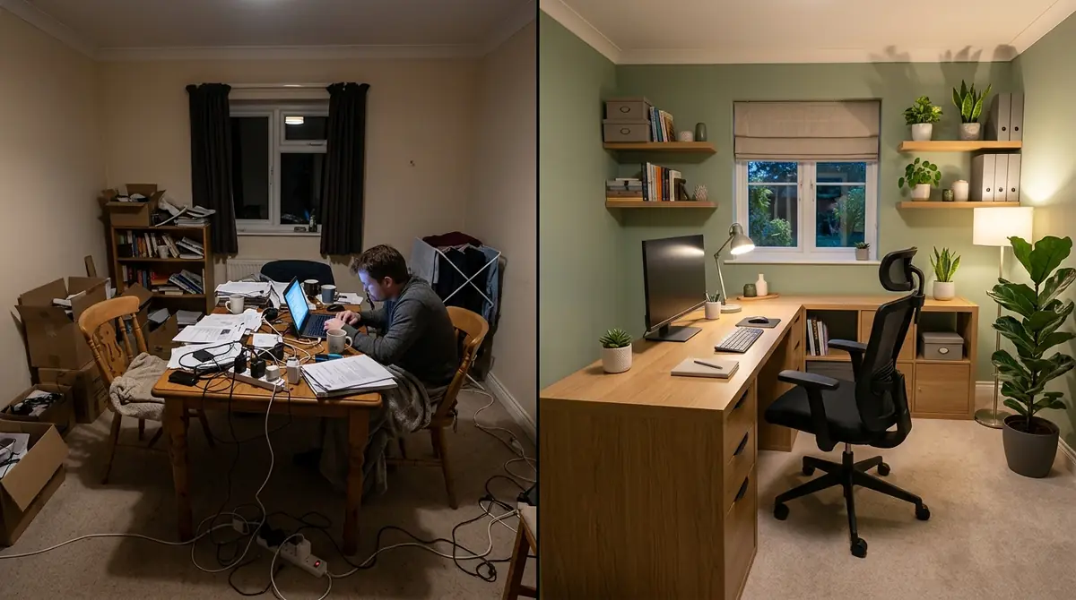 A side-by-side before and after comparison of a home office transformation: the left shows an empty spare room with plain walls and basic flooring, the right shows the same room transformed into a professional home office with a standing desk, ergonomic chair, built-in bookshelves, task lighting, and a cohesive modern design