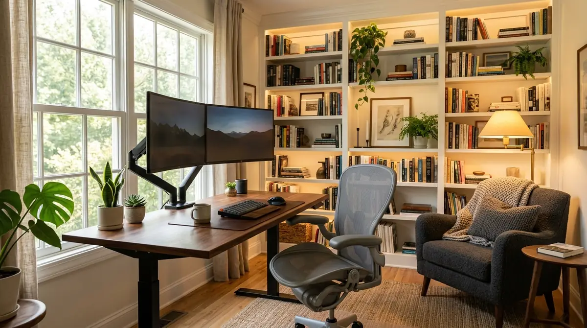 A stunning, fully designed home office with warm natural lighting, an L-shaped standing desk, ergonomic mesh chair, built-in bookshelves, plants, and a cohesive modern Scandinavian aesthetic that looks both professional and inviting