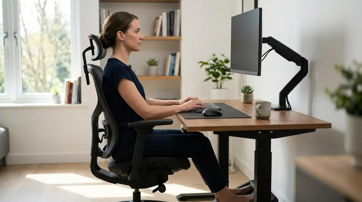 A detailed diagram-style rendering of an ergonomic home office setup showing proper desk height, monitor distance and angle, chair positioning with lumbar support, keyboard and mouse placement, and foot rest positioning