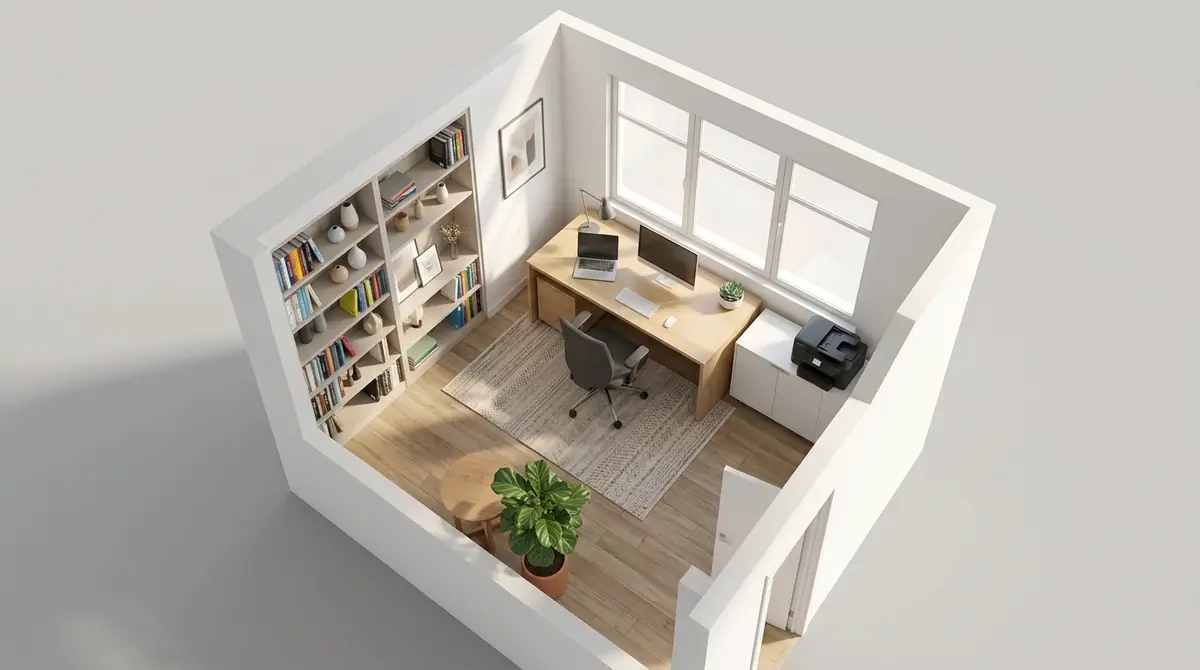 An AI-generated floor plan showing a home office layout with a desk positioned facing a large window, an ergonomic chair, a bookshelf along the side wall, and a small reading area in the corner