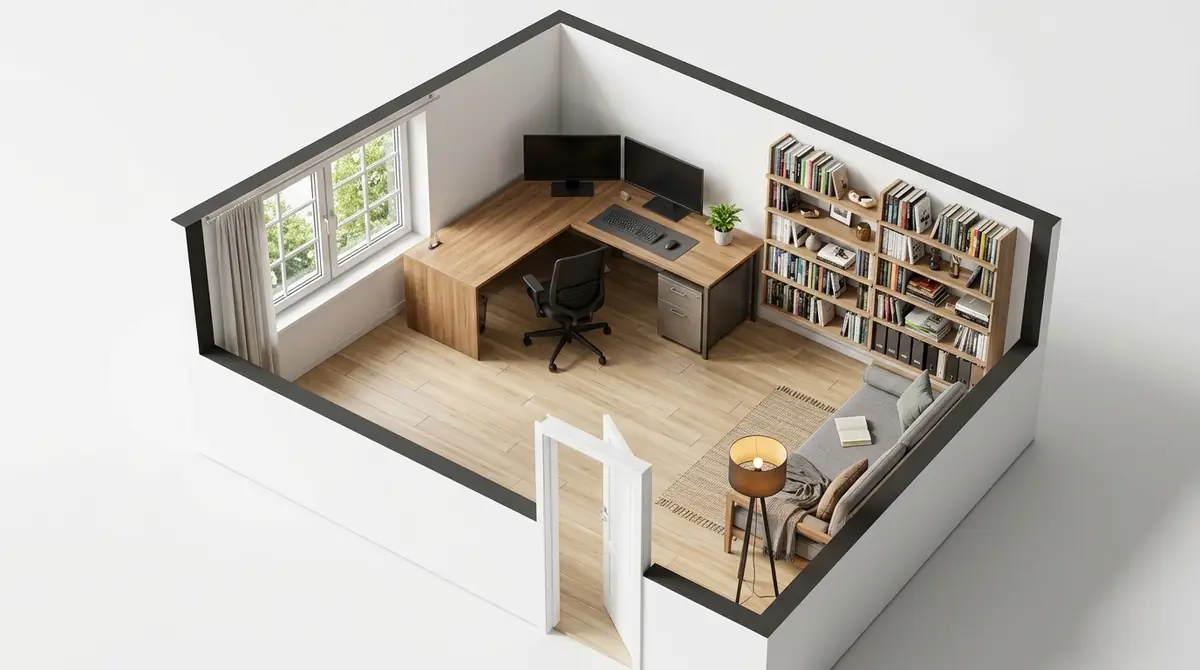 An AI-generated floor plan showing a home office with an L-shaped desk configuration in the corner, dual monitors on the longer section, a printer and storage on the shorter section, and an ergonomic chair centered at the corner