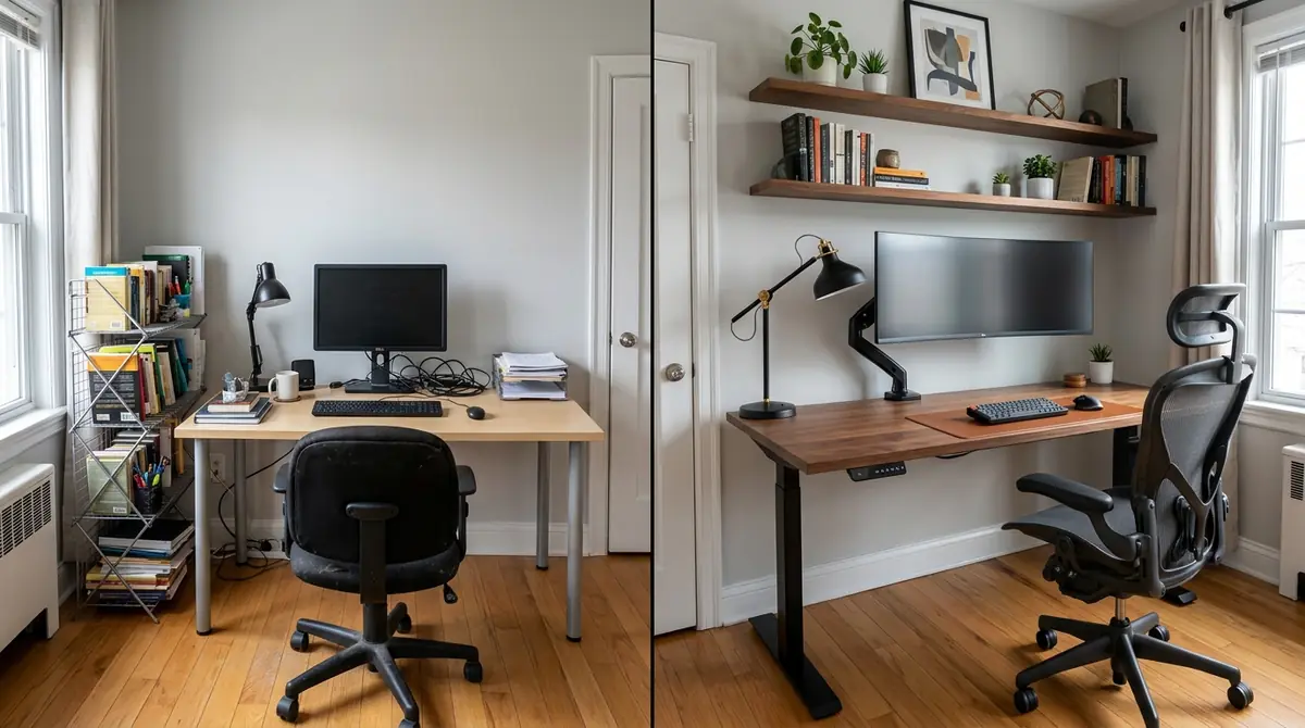 A four-panel before-and-after comparison showing home office furniture upgrades: a basic desk replaced with a standing desk, a dining chair replaced with an ergonomic office chair, open shelving replaced with closed built-in storage, and a basic lamp replaced with an adjustable task light
