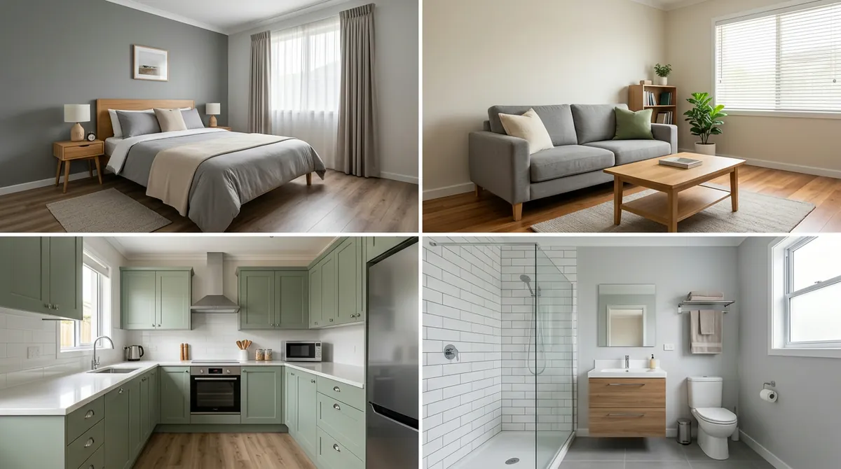Four-panel grid showing AI-generated room designs at free tier quality: a modern living room, a minimalist bedroom, a Japandi kitchen, and a coastal bathroom, all with clean compositions
