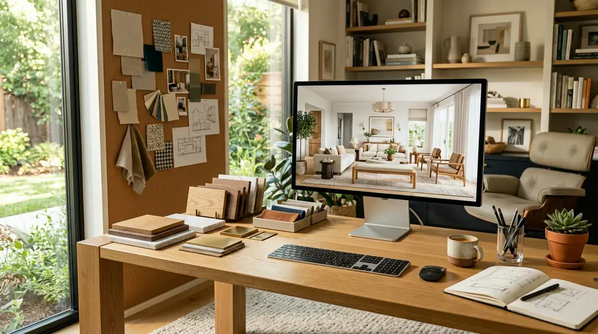 A modern workspace showing a laptop with AI interior design software interface alongside architectural drawings and design tools, warm professional lighting