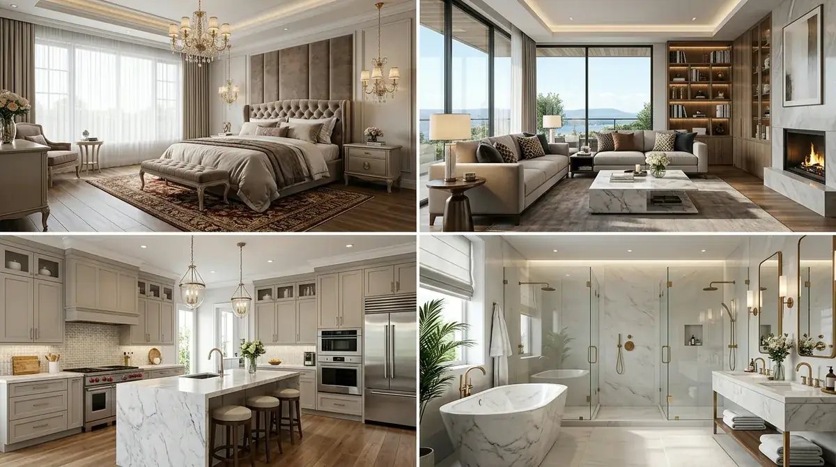 Four-panel grid showing premium AI-generated room designs: a luxury quiet-luxury living room, a Mediterranean kitchen, a dark academia study, and a biophilic bedroom, all with exceptional detail and photorealistic quality