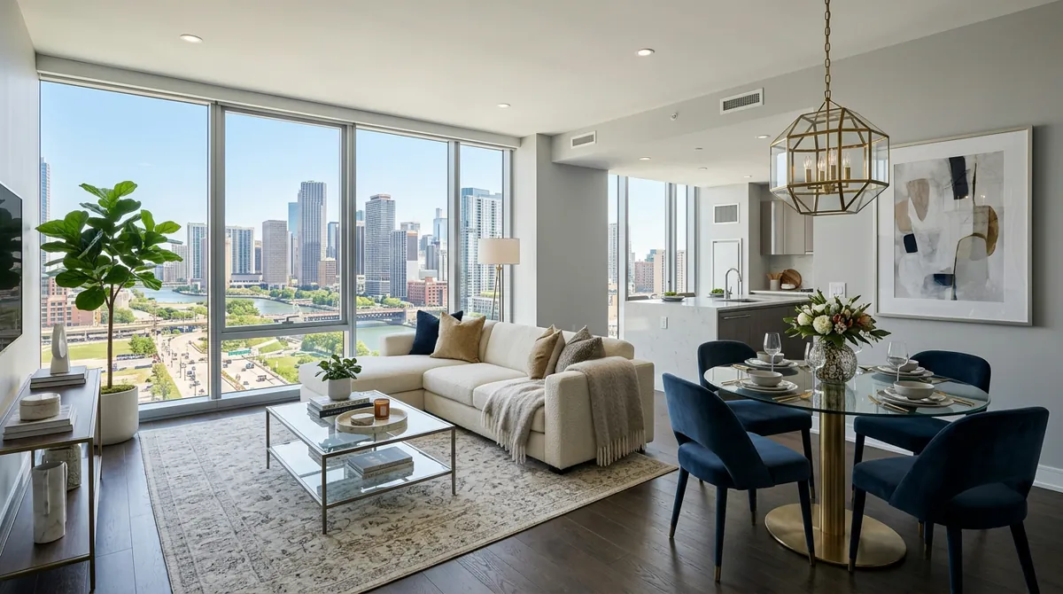 A beautifully AI-staged empty living room showing virtual furniture placement, warm lighting, and styled accessories, demonstrating the quality achievable with digital staging