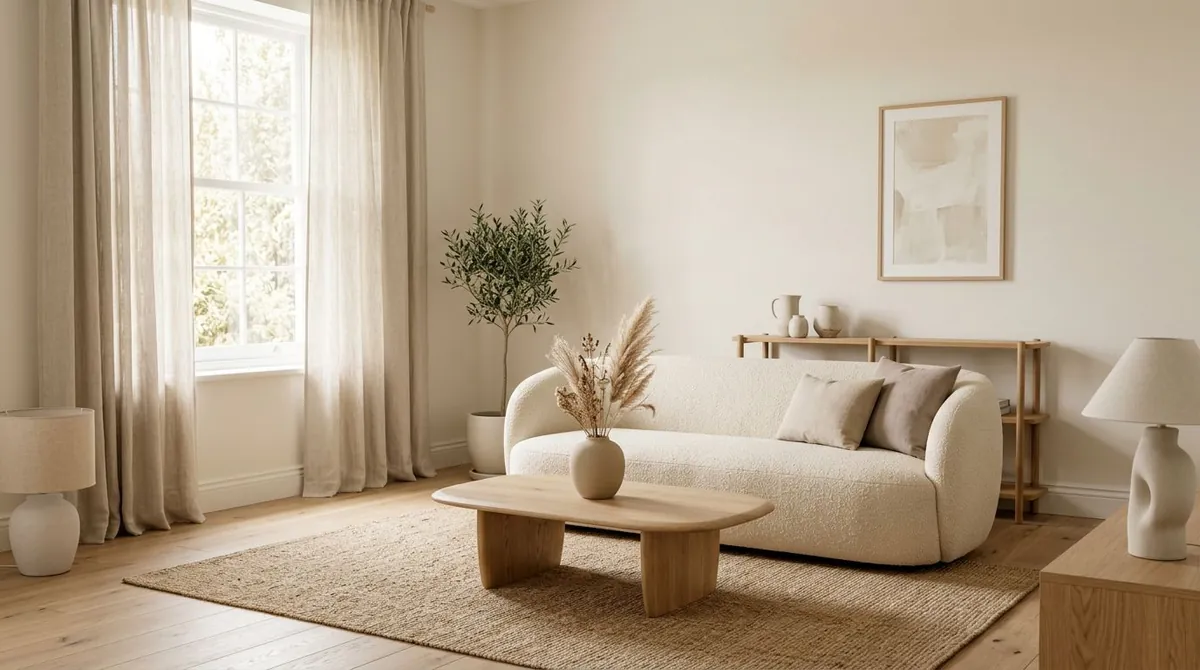 A soft minimalist living room with warm beige tones, rounded furniture edges, natural linen upholstery, and a single sculptural vase on a curved oak coffee table