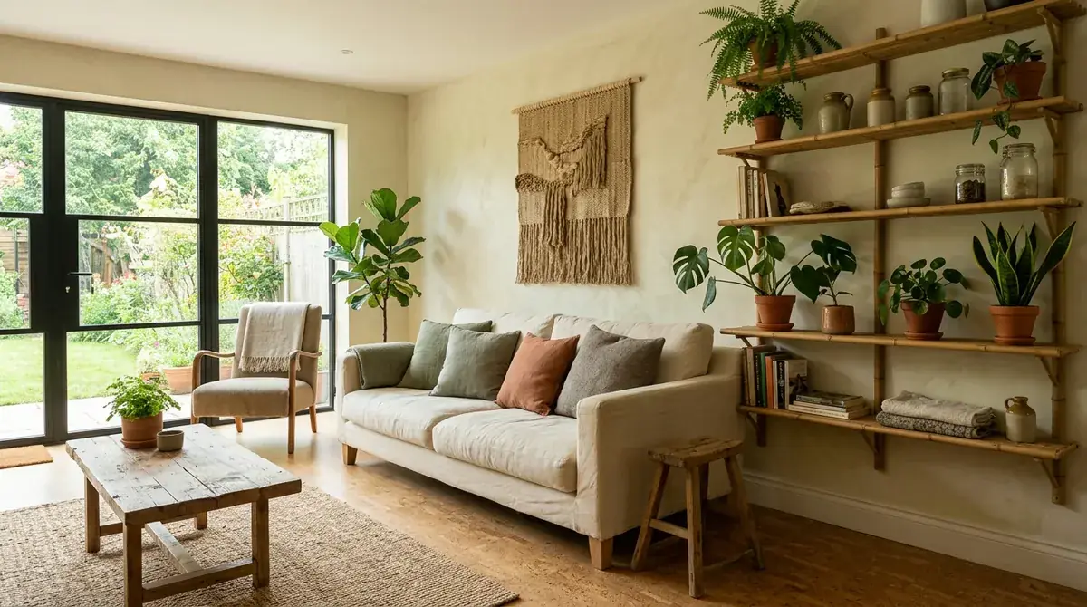 A sustainable design living room with reclaimed wood shelving, recycled glass pendant light, organic cotton upholstery in natural dyes, indoor composting corner, and a bamboo accent wall