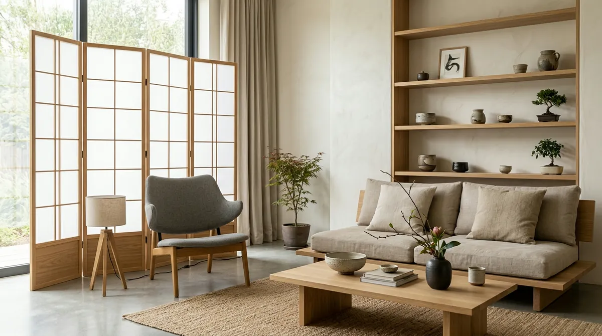 A Japandi-style living room featuring low-profile furniture, light ash wood, muted earth tones, a shoji-inspired room divider, and carefully placed ceramics with an asymmetrical arrangement