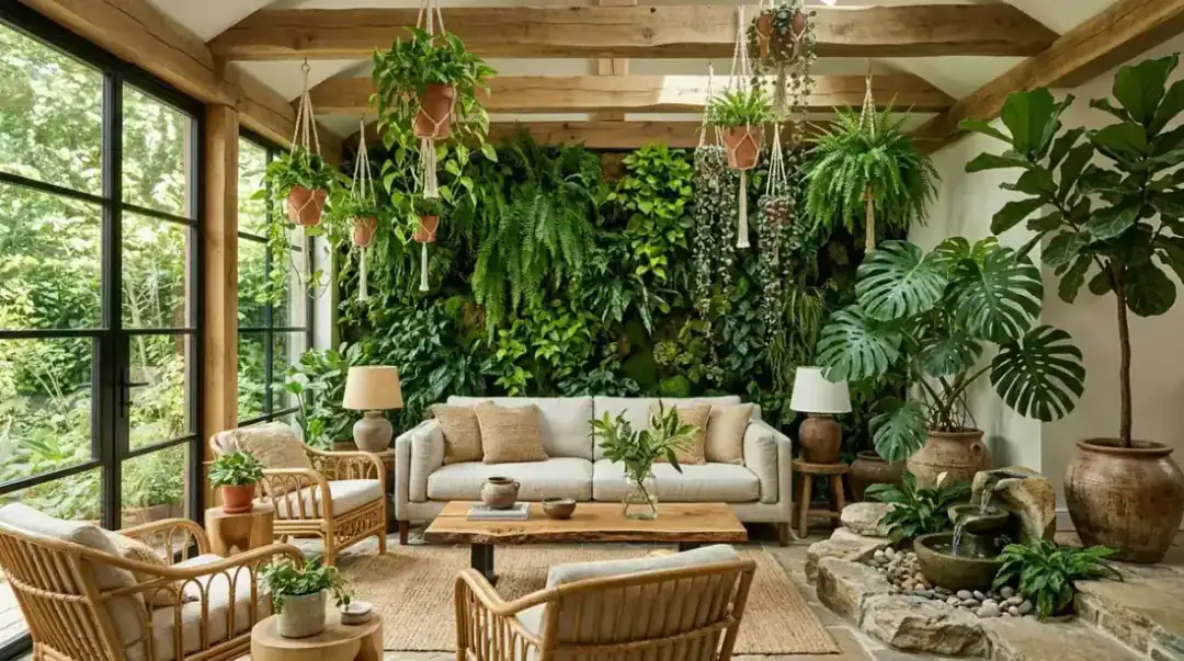 A biophilic design living room with abundant indoor plants, a living moss wall accent, floor-to-ceiling windows revealing garden views, natural stone flooring, and wooden ceiling beams