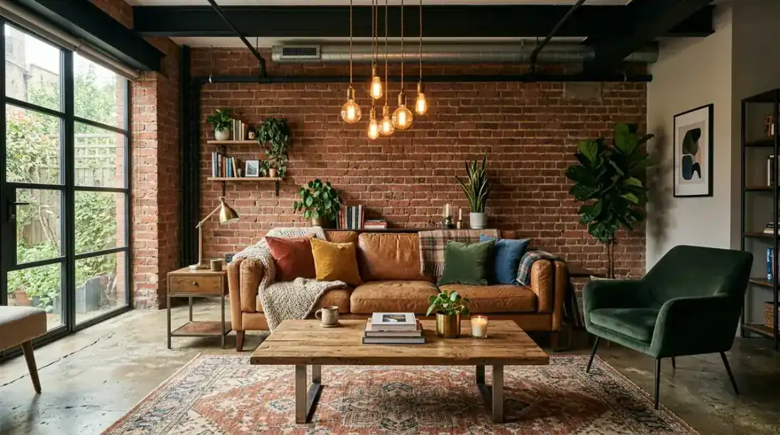 A warm industrial living room with exposed brick walls, dark metal shelving, a cognac leather sofa, warm amber pendant lights, reclaimed wood coffee table, and a cozy area rug