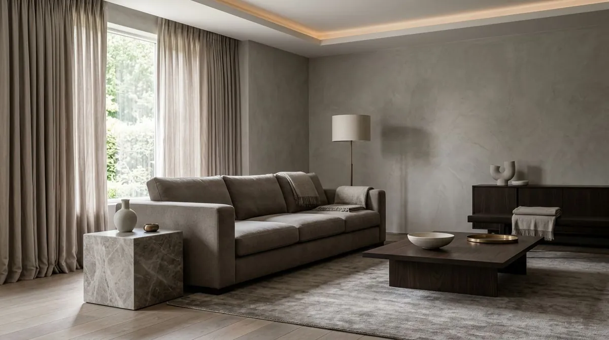 A quiet luxury living room with rich cashmere throw on a bespoke ivory sofa, polished Italian marble side table, handwoven silk rug in muted tones, and floor-to-ceiling linen drapes