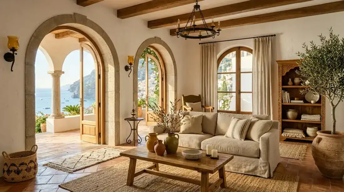 A Mediterranean revival living room with warm terracotta walls, arched doorways, wrought iron light fixtures, olive-toned linen curtains, rustic stone flooring, and ceramic pottery accents