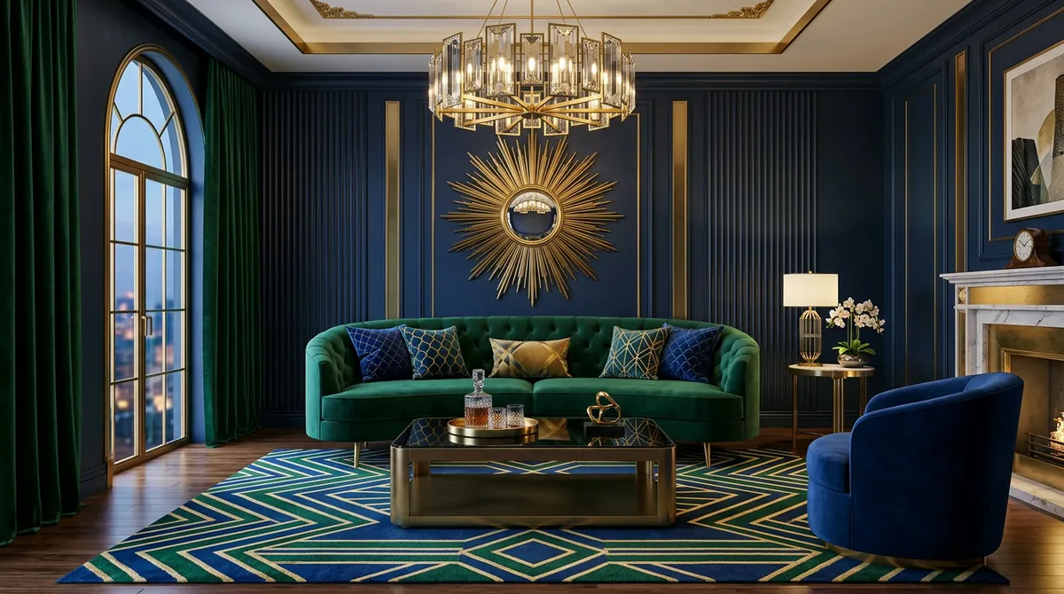 A Neo Art Deco living room with geometric brass wall sconces, emerald velvet sofa, black marble coffee table with gold veining, chevron parquet flooring, and symmetrical furniture arrangement