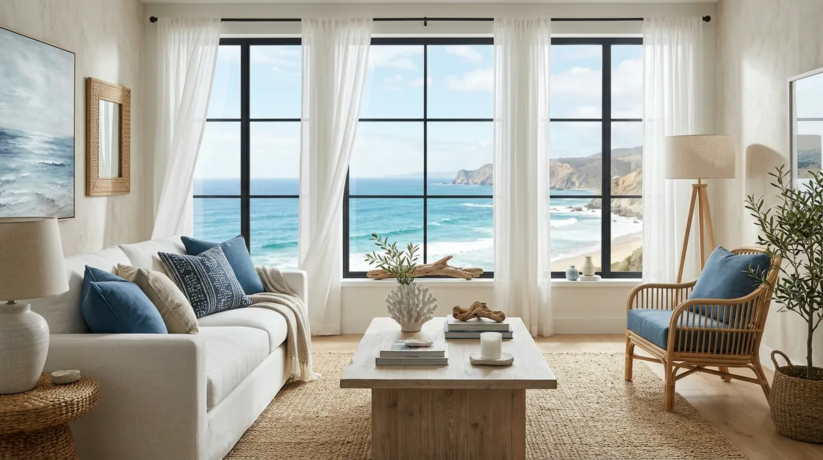 A coastal contemporary living room with white-washed walls, light blue linen sofa, driftwood coffee table, jute area rug, rattan pendant light, and large windows showing ocean-inspired hues
