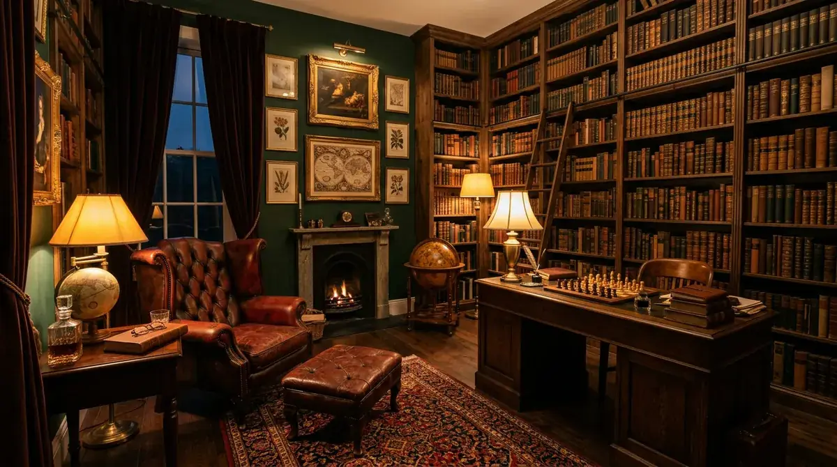 A Dark Academia study with floor-to-ceiling mahogany bookshelves, forest green leather wingback chair, antique brass desk lamp, Persian rug in deep reds, and warm golden light from a table lamp