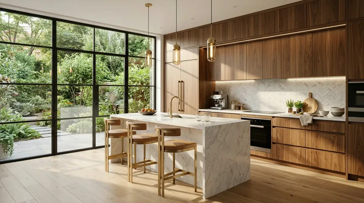 A magazine-quality AI-rendered kitchen showing a complete transformation with cohesive modern farmhouse styling, white shaker cabinets, marble countertops, brass fixtures, and wide-plank oak flooring