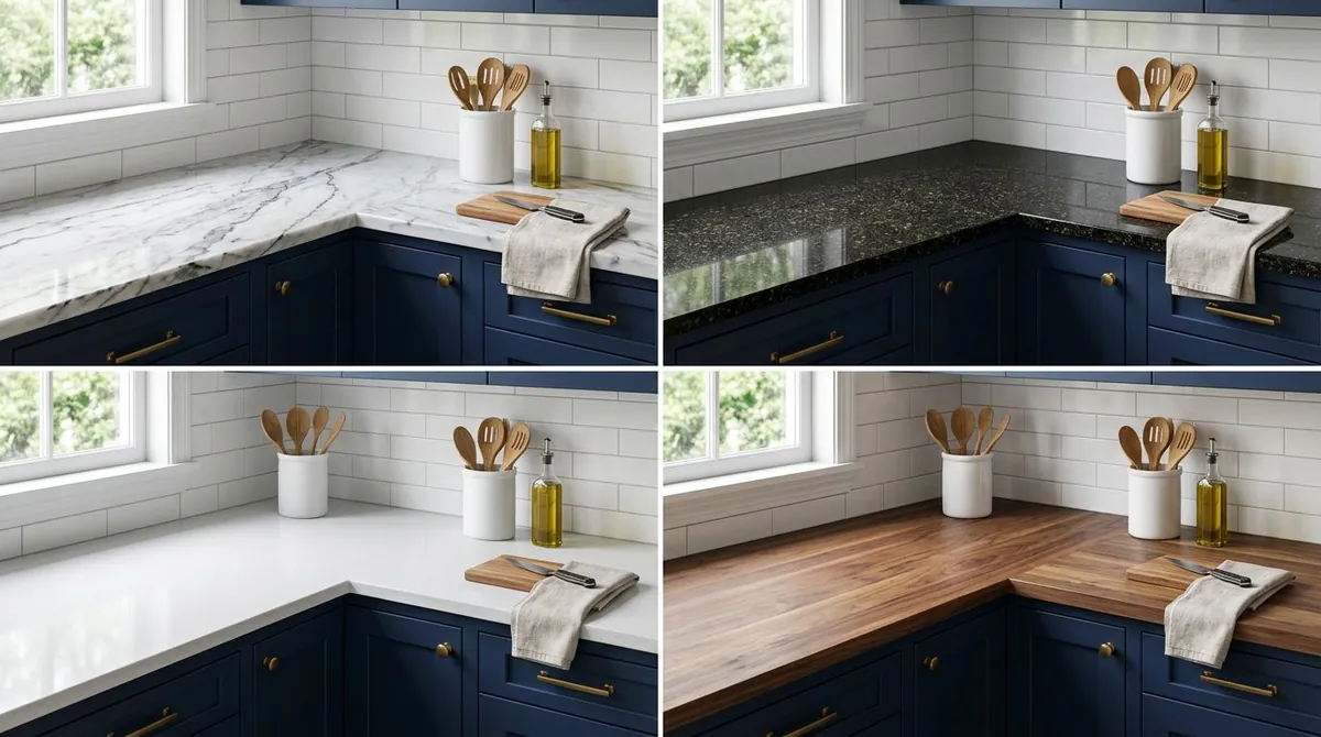 Four-panel grid showing kitchen countertops in different materials: white marble with gray veining, dark granite with gold flecks, white quartz with subtle pattern, and warm butcher block wood grain