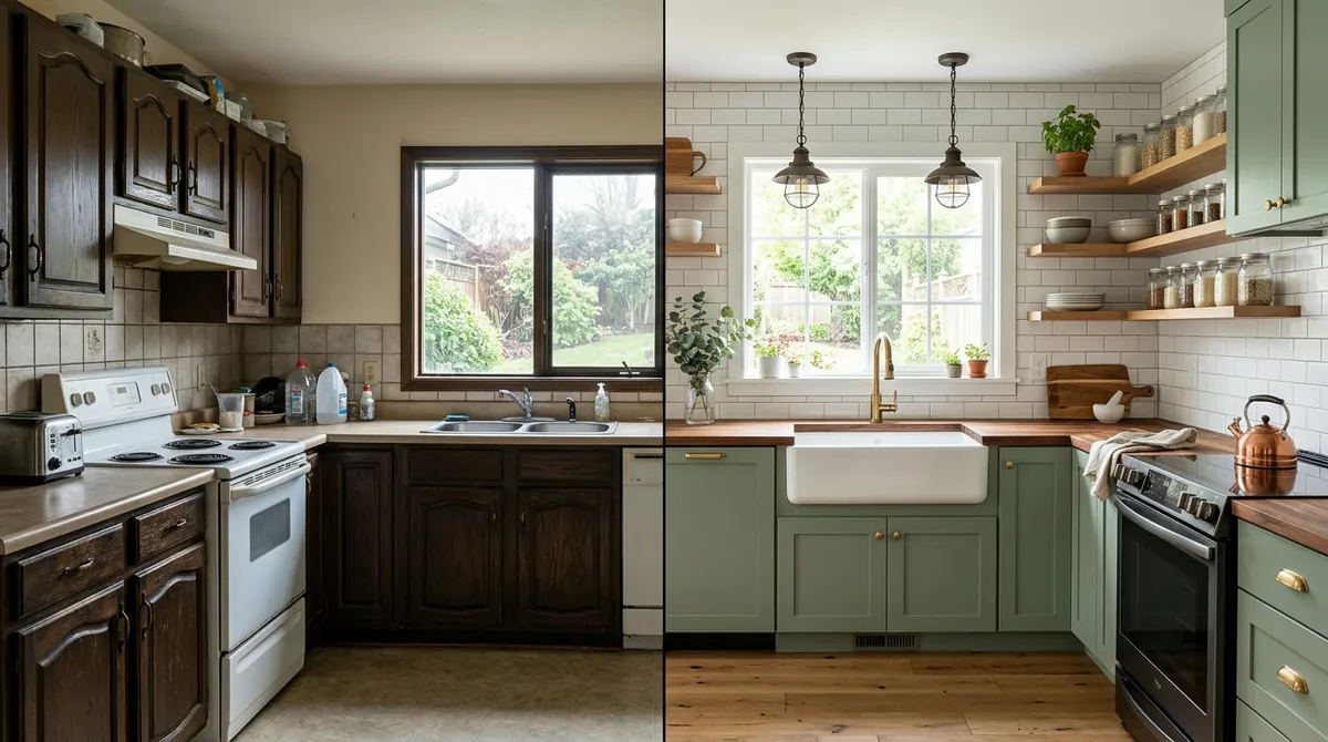 Before and after comparison: left shows a plain kitchen, right shows the same space transformed into a farmhouse style with white shaker cabinets, butcher block island, and copper pendant lights