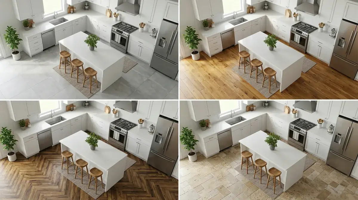 Four-panel comparison showing the same kitchen with four different flooring options: ceramic tile, hardwood planks, luxury vinyl plank, and natural stone, each rendered with accurate material textures
