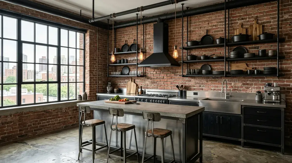 An industrial-style kitchen with concrete countertops, open metal shelving, exposed ductwork, dark cabinetry, pendant cage lights, and stainless steel appliances