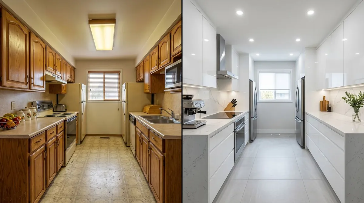 Before and after comparison of a kitchen remodel: the left shows a dated kitchen with old cabinets, and the right shows the same kitchen transformed with modern flat-panel cabinets, quartz countertops, and sleek pendant lights