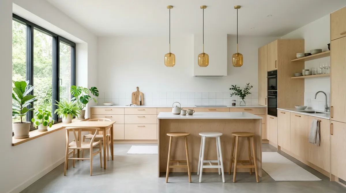 A Scandinavian-style kitchen with light birch wood cabinets, white quartz countertops, matte black faucet, pendant lights with woven shades, and a bright minimalist aesthetic