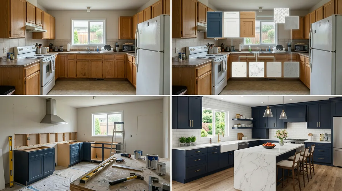 Four-panel workflow showing the AI kitchen design process: uploading a kitchen photo, selecting a design style, AI processing the transformation, and the final redesigned kitchen result
