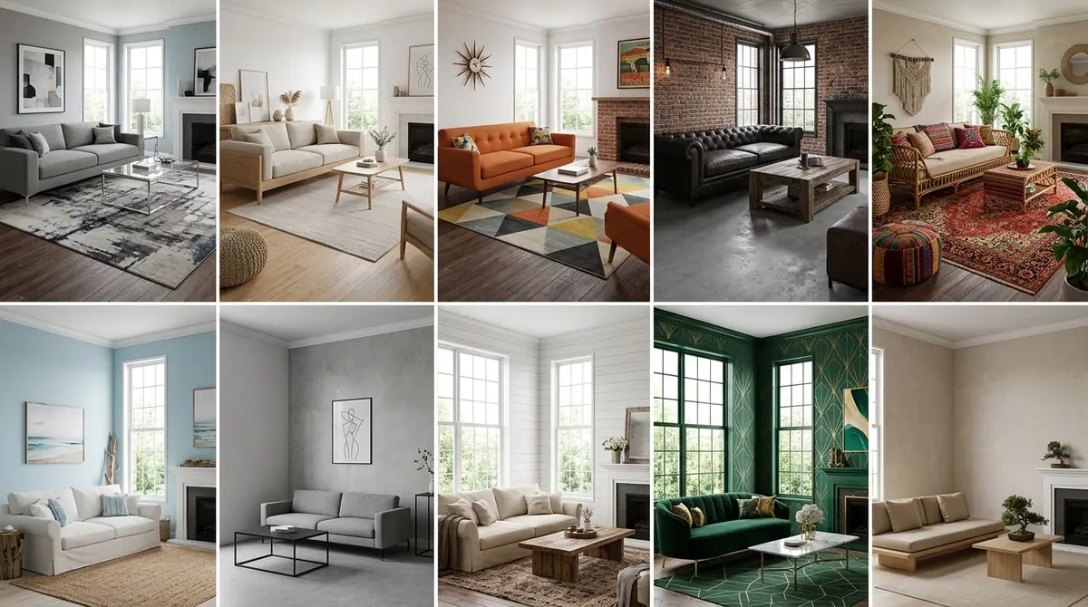 Ten-panel grid showing the same living room rendered in ten different design styles: Modern, Scandinavian, Mid-Century Modern, Industrial, Bohemian, Coastal, Minimalist, Farmhouse, Art Deco, and Japandi