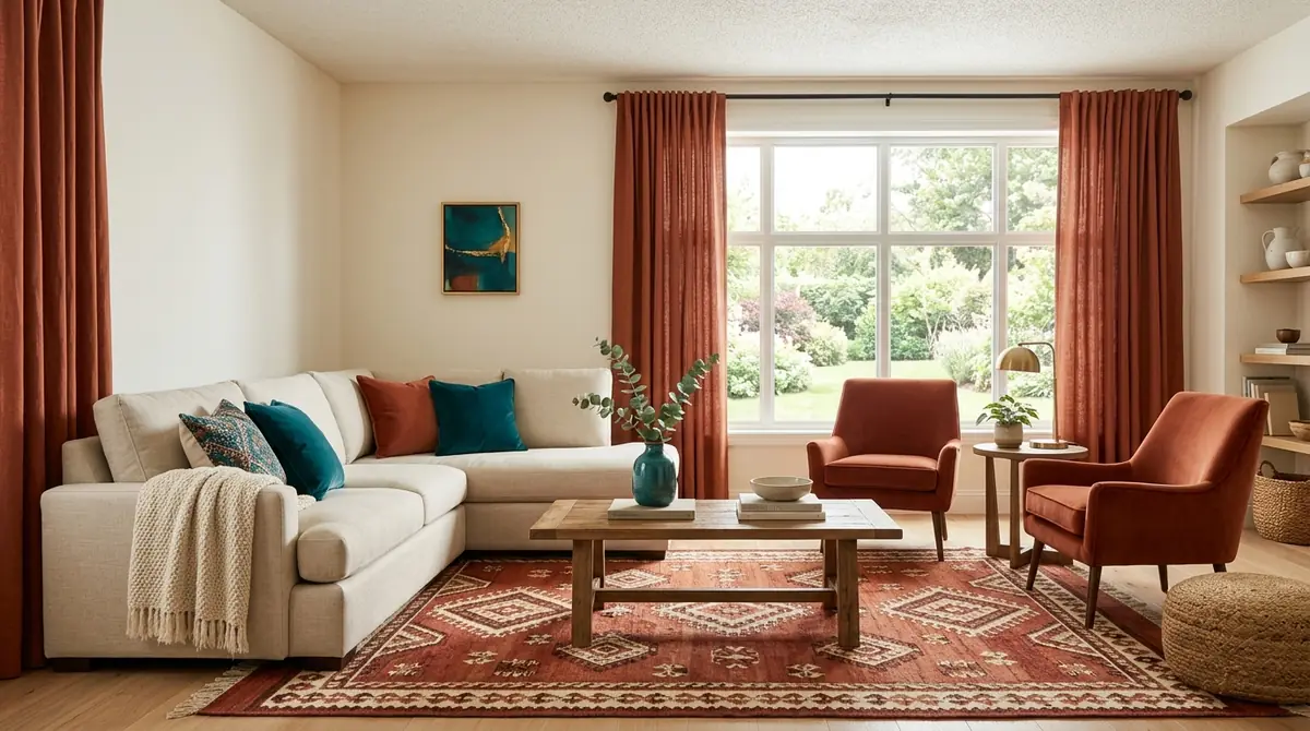 A living room demonstrating the 60-30-10 color rule with 60% warm cream on walls and sofa, 30% warm terracotta on curtains and rug, and 10% deep teal on throw pillows and ceramic vase
