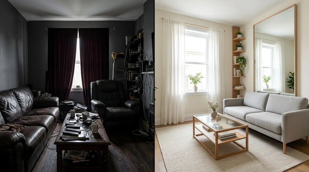 Side-by-side comparison of a small living room: left shows a cramped dark room with bulky furniture and heavy curtains, right shows the same room transformed with light walls, slim furniture, sheer curtains, and a mirror for visual expansion