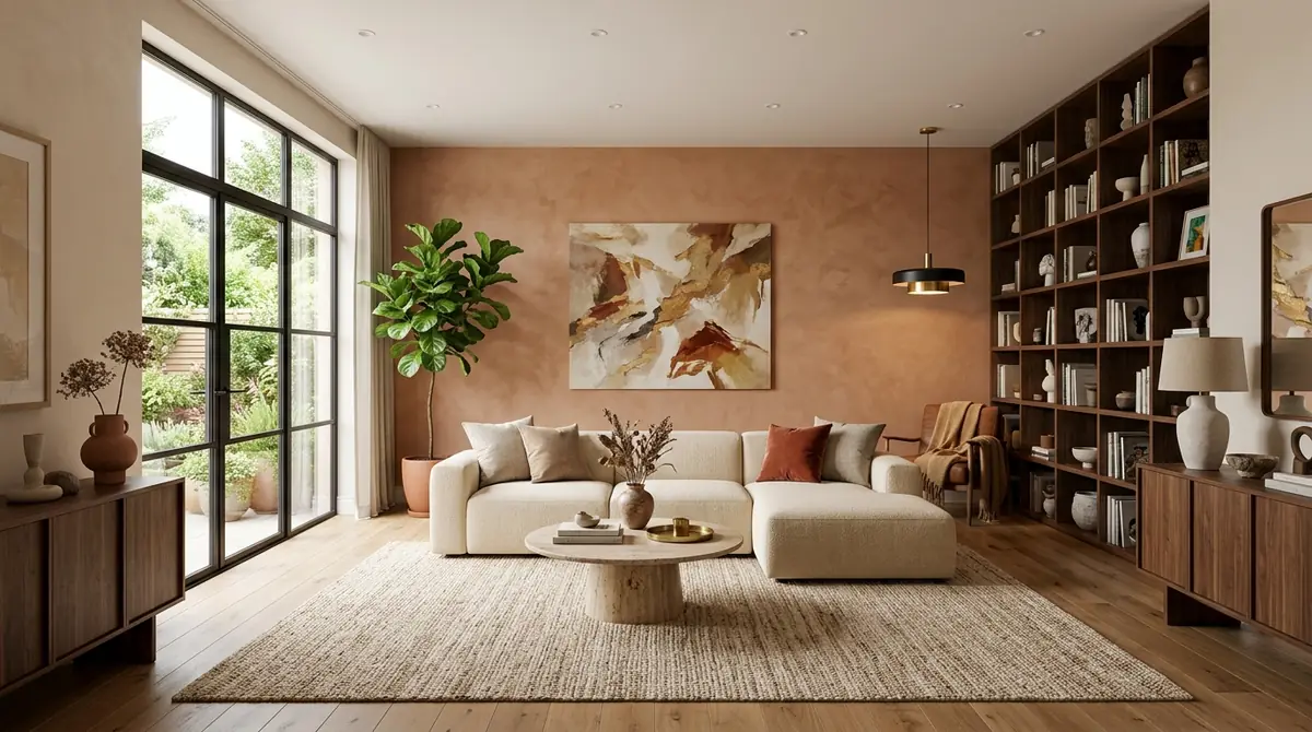 A magazine-worthy completely redesigned living room with modular sofa, travertine coffee table, built-in bookshelf, limewash feature wall, abstract painting, layered lighting, and indoor fiddle-leaf fig tree