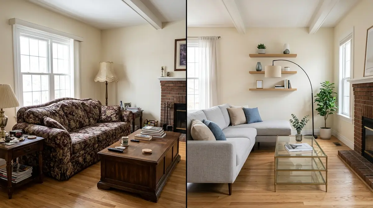 Side-by-side comparison of living room furniture replacement: old floral-print sofa and dark wood coffee table on the left replaced with a sleek modern sectional and glass-and-brass coffee table on the right
