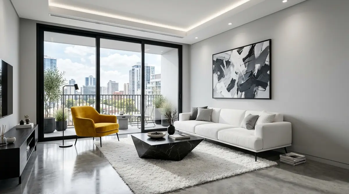 A sleek modern contemporary living room with white low-profile sofa, geometric black marble coffee table, monochrome palette with a single mustard yellow accent armchair, and floor-to-ceiling glass doors