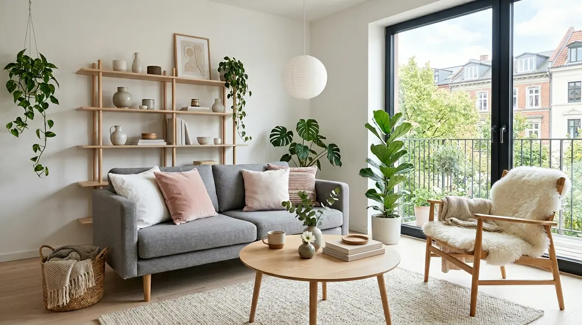 A bright airy Scandinavian living room with light ash wood floors, grey sofa with pink cushions, round birch coffee table, white paper pendant light, and potted plants