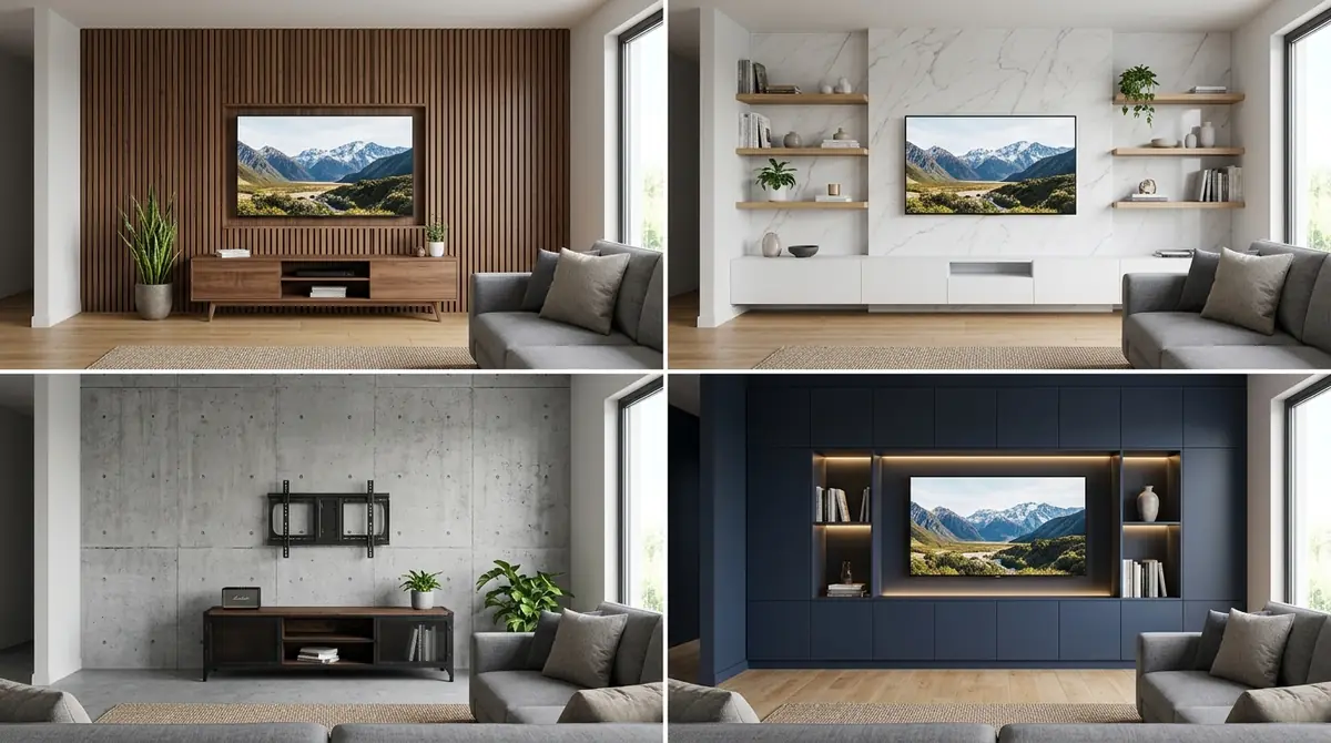 Four-panel grid showing the same living room TV wall with four different treatments: warm walnut wood paneling, white marble slab, exposed concrete, and dark navy accent wall with built-in cabinetry