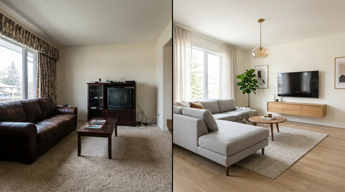 Split-panel comparison showing a dated living room with old brown leather sofa and dark wood entertainment center on the left, transformed into a modern bright space with grey sectional and floating TV unit on the right