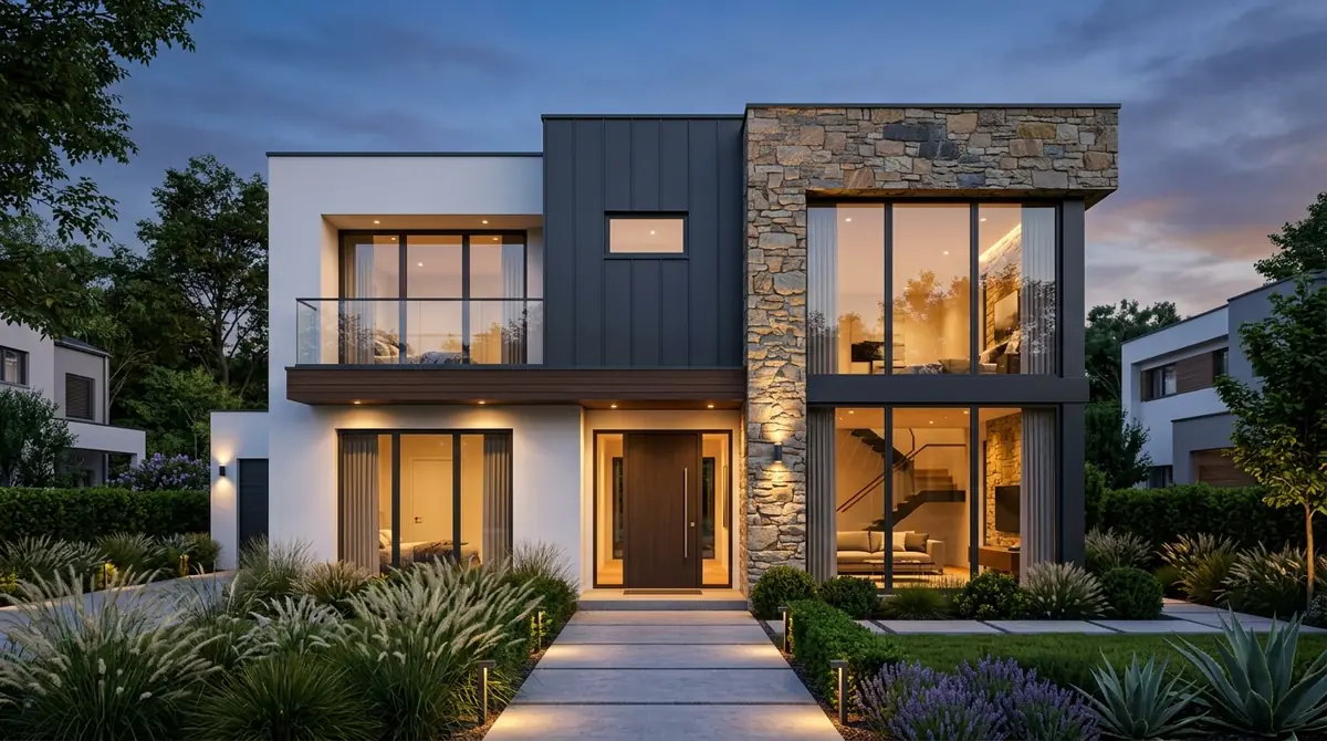 A modern building exterior with clean geometric lines, large floor-to-ceiling windows, a flat roof with subtle overhang, white and dark gray cladding panels, and minimalist landscaping