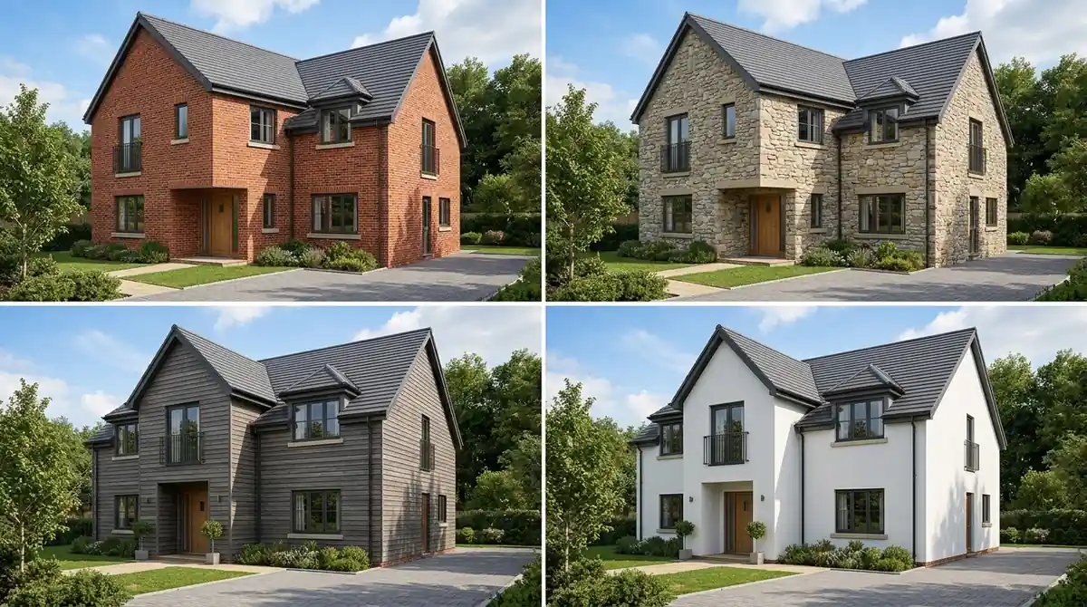 Four-panel comparison showing the same house rendered with four different exterior cladding materials: red brick, natural stone, horizontal wood siding, and smooth white stucco